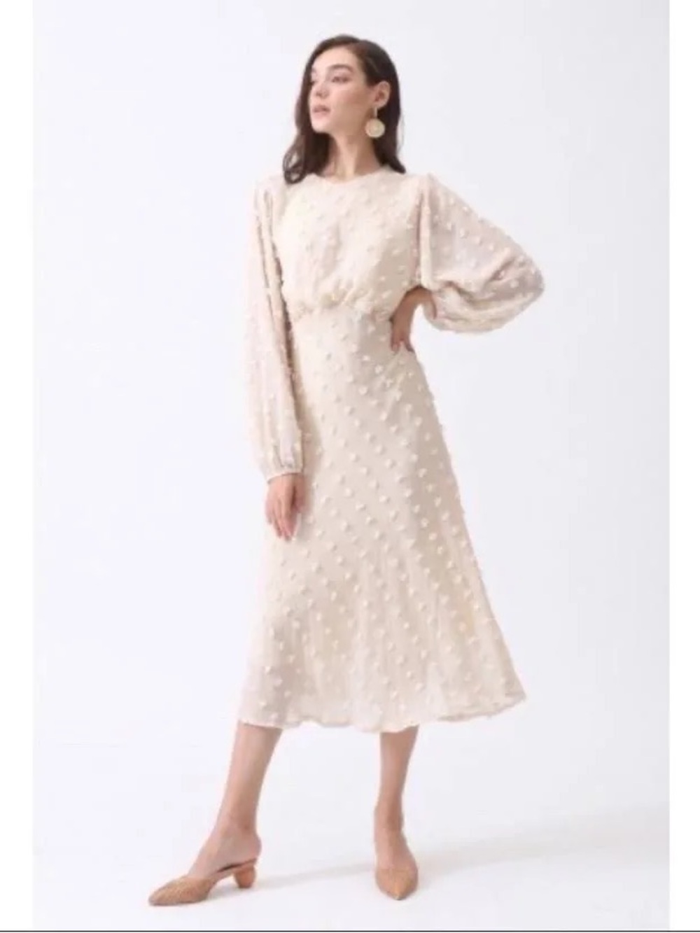 Chicwish Cream Swiss Dot Balloon Sleeve Midi Dress